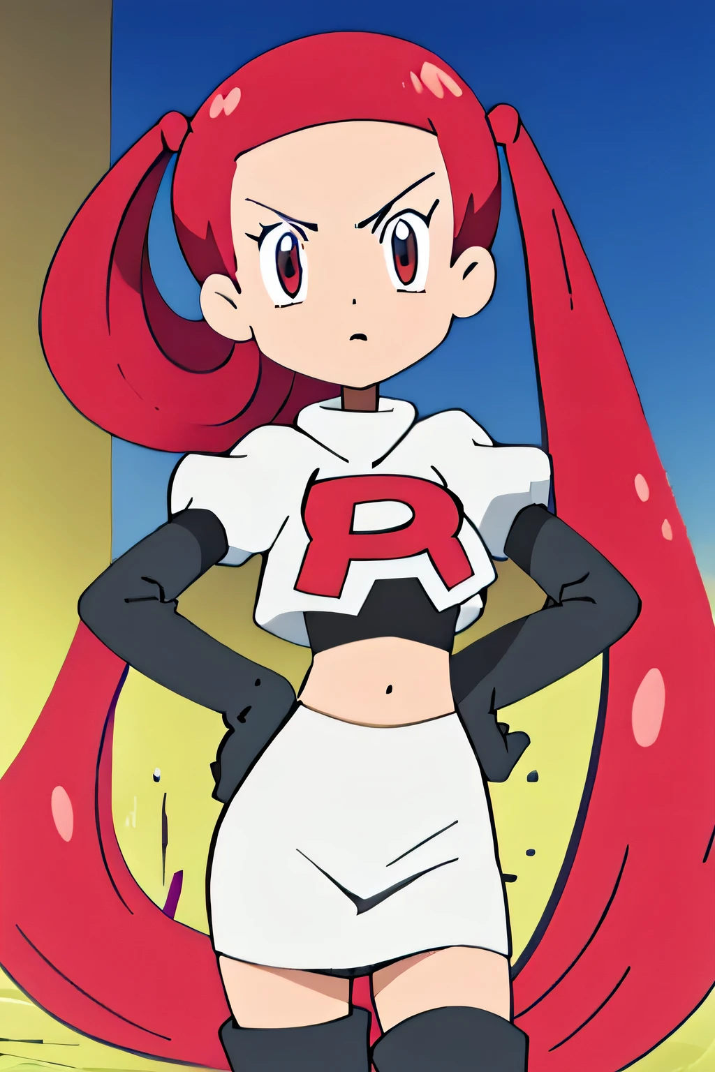team rocket uniform, red letter r, white skirt,white crop top,black thigh-high boots, black elbow gloves, glaring angrily, looking at viewer, hands on hips, full body seen
