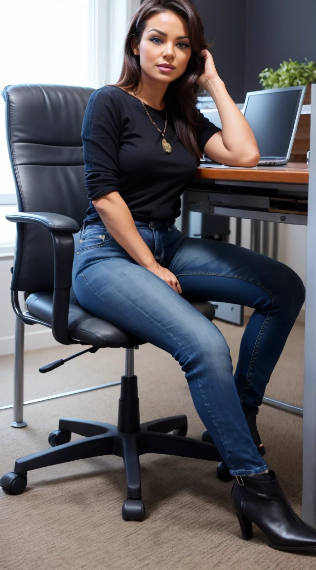 woman, sitting in an office chair, skinny jeans, stiletto heel ankle boots, cum on cloth, peeing self