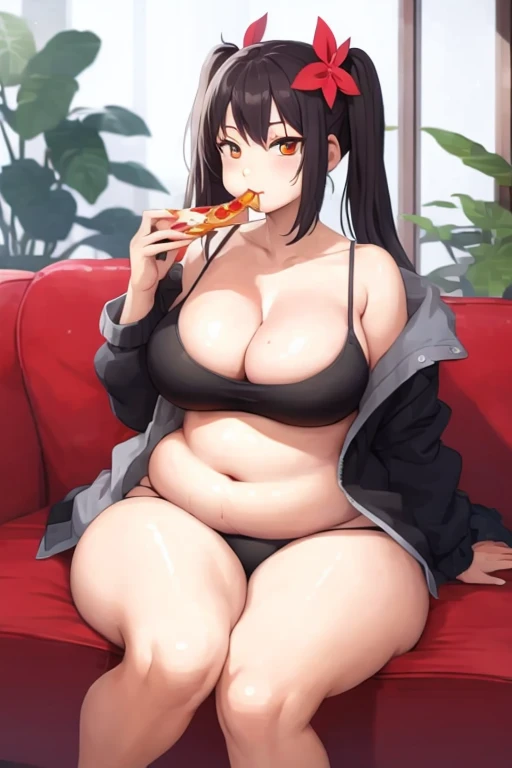 anime girl eating pizza on a red couch with a plant in the background, eating pizza, eating a pizza, munching pizza, hair ornament, seductive anime girl, detailed artwork, [ 4 k digital art ]!!, curvy, cleavage, thighs, tummy bulge, pudgy belly, greasy skin, low hanging black jacket, twin tails, black hair