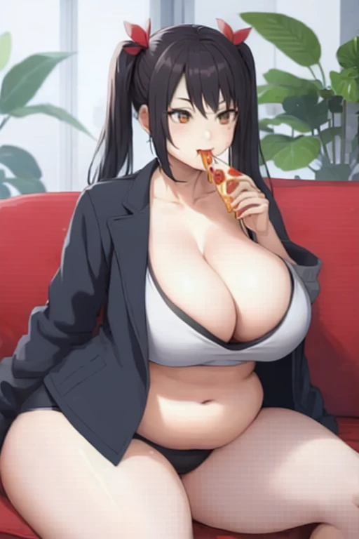 anime girl eating pizza on a red couch with a plant in the background, eating pizza, eating a pizza, munching pizza, hair ornament, seductive anime girl, detailed artwork, [ 4 k digital art ]!!, curvy, cleavage, thighs, tummy bulge, pudgy belly, greasy skin, low hanging black jacket, twin tails, black hair