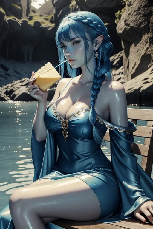 (masterpiece), best quality, expressive eyes, perfect face，1girl,(slime girl),breast,(blue skin),(blue skin), food, solo, sitting, red eyes, pointy ears, fruit, long hair, cleavage, holding, monster girl, large breasts, earrings, cup, colored skin, blue hair, jewelry, lemon slice, lemon, chair, wide sleeves, water, looking at viewer, outdoors, bangs, holding cup, cheese, wet, bare shoulders, closed mouth, sparkle, dress, sky, drinking straw, ice, day, long sleeves, very long hair, braid, ice cube