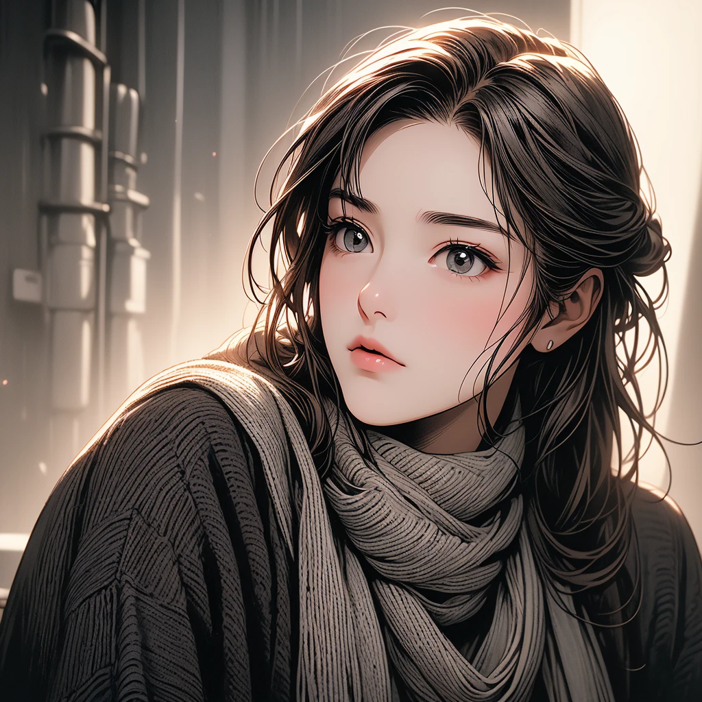 (masterpiece:1.4), (high-quality, high-definition, high-resolution), Realistic style, (primary warm vivid color palette),a beautiful woman with cold, (cooling sheet on her forehead), wears warmBeautiful woman, woolen sweater and woolen scarf, no undergarments, dark alley,, cold symptoms, pained expression, (richly drawn and delicate)