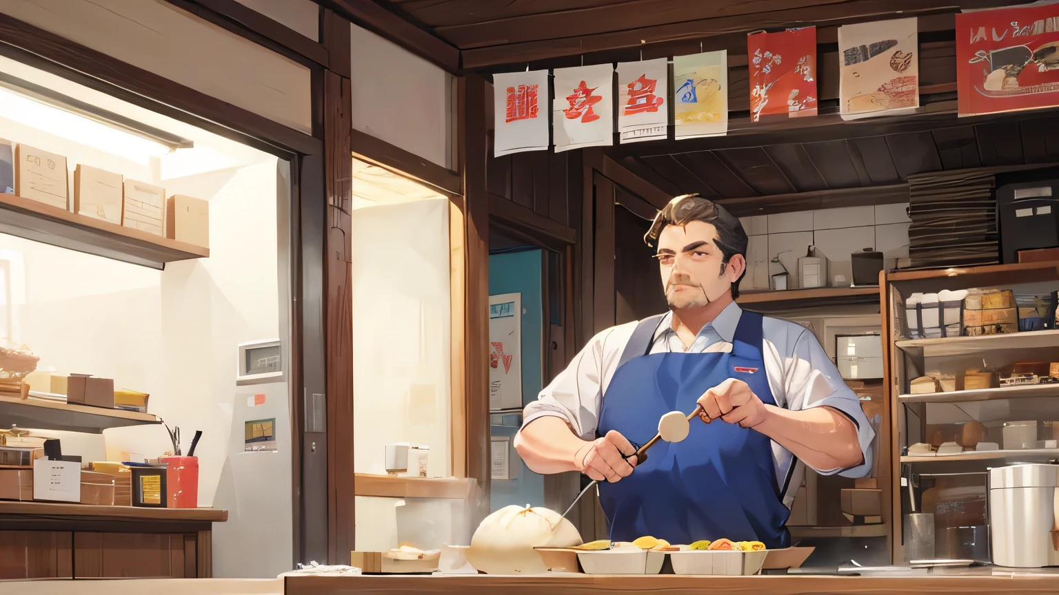 40 year old man, short blond hair, dark blue eyes, goatee, light yellow shirt, brown carpenter's apron.\