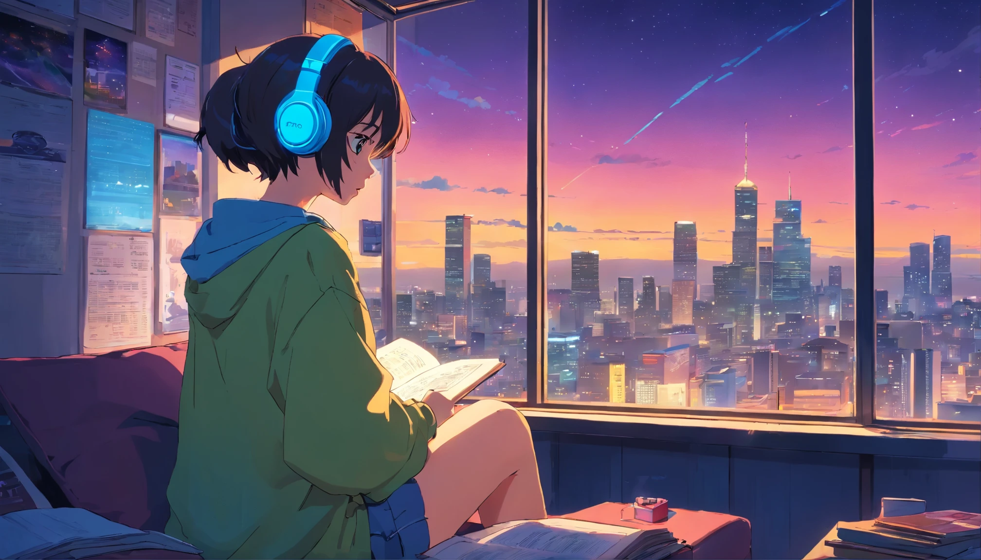 (zero), girl wearing headphones, reading a book, beside a huge window, with a night view, Analog Color Theme, Lo-Fi Hip Hop , retrospective, flat, 2.5D ,Draw a line, Ink Drawing, Large slope, Watercolor painting, Goosch Colors, Studio Ghibli Style, Awesome colorful, Outer Ton, Synthwave, lofi art,90s style,Old texture, amplitude,90s vibe, masutepiece, Tremendous technology, 16:9 scale