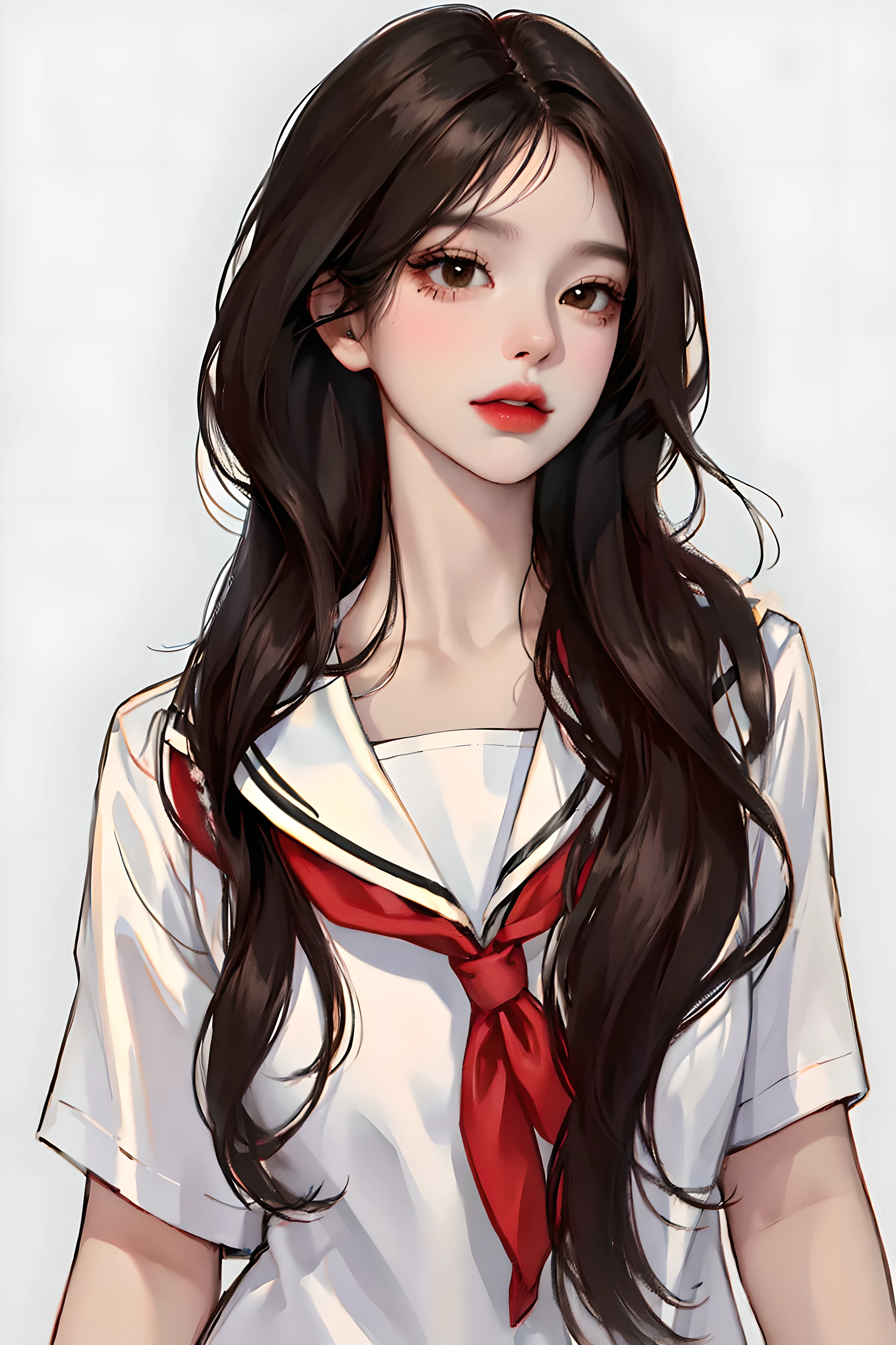 (highest resolution, distinct_image) The best quality, a woman, masterpiece, highly detailed, (semi-realistic), long black hair, long straight hair, black hair bangs, mature, cherry glossy lips, white background, close-up portrait, solid circle eyes, ************, beautiful face, fit body, brown eyes, wear Korean school uniform, high school student, wearing jewelry