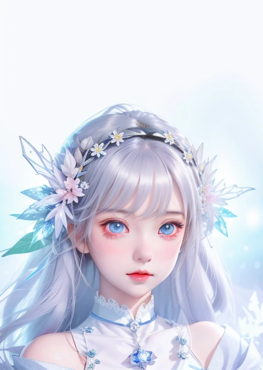 Wearing a white dress、Anime girl wearing blue flower on head, Crystal clear eyes, fair skin, , Pale young ghost girl, White-haired God, chibi, ((beautiful fantasy queen)), 8k!!, Cold eyes, Inspired Gacha Club Game, [ floating ]!!, winter princess, stylized anime, Dreamy and detailed