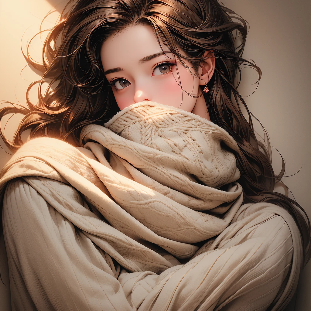 NSFW, (masterpiece:1.4), (high-quality, high-definition, high-resolution), Realistic style, full-body, (primary warm vivid color palette),a beautiful woman with cold, (cooling sheet on her forehead), wears warmBeautiful woman, woolen sweater and woolen scarf, no undergarments, (richly drawn and delicate)