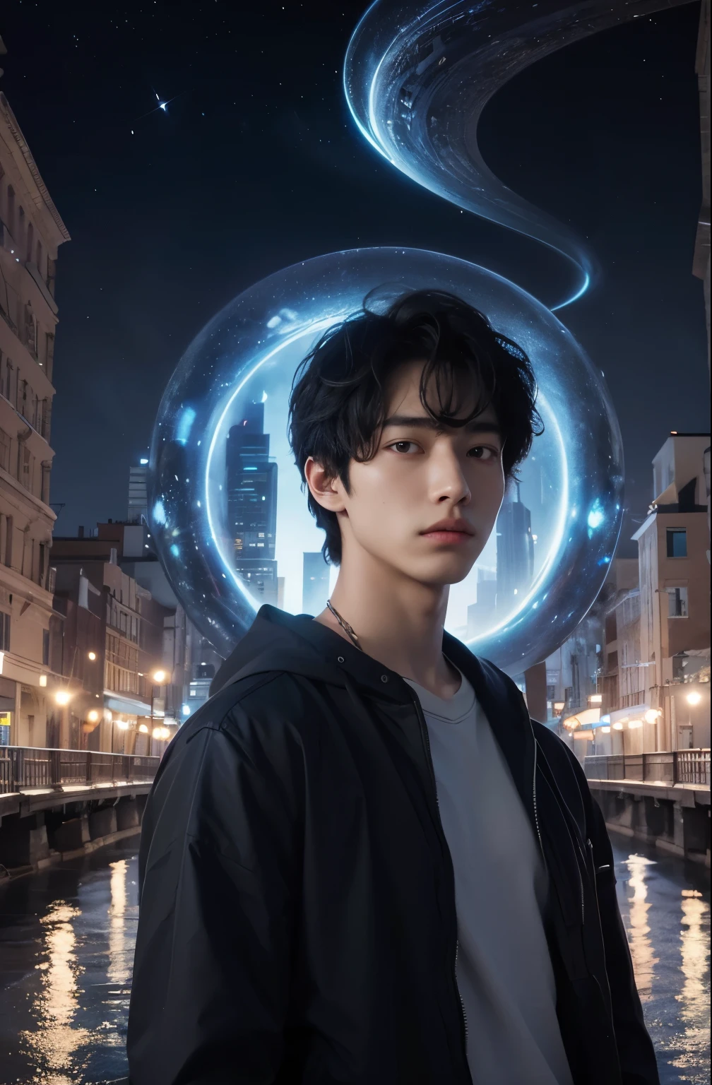 A beautiful man. Late . Black hair. Beautiful double eyes. The bridge of my nose. Well-shaped lips. A man is standing in a city at night, and a wormhole entrance opens in the space behind him. 8K image quality