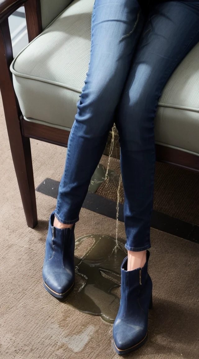 woman, sitting in an office chair, skinny jeans, stiletto heel ankle boots, cum on cloth, peeing self, sitting in a puddle of pee, pee running down legs of her jeans, jeans soaked with piss, ankle boots flooded with piss, big puddle of pee in chair, shins of jeans soaked with pee, thighs of jeans soaked with pee