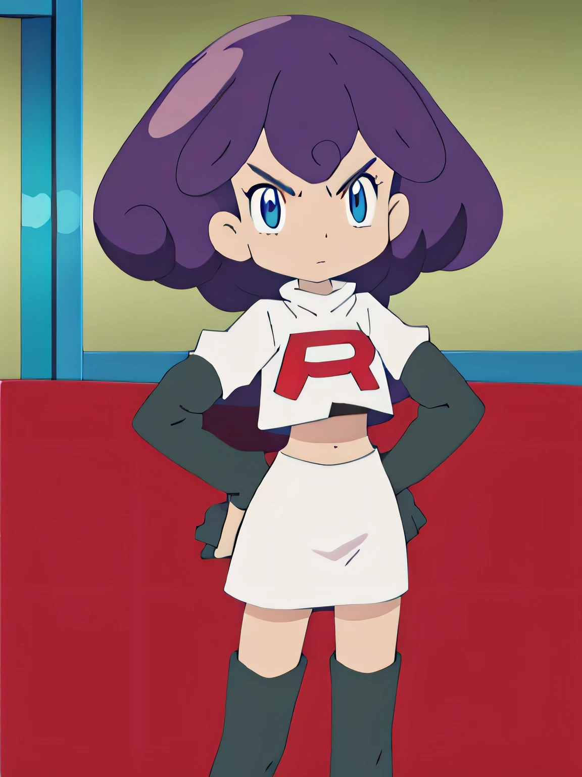 team rocket uniform, red letter r, white skirt,white crop top,black thigh-high boots, black elbow gloves, glaring angrily, looking at viewer, hands on hips, full body seen