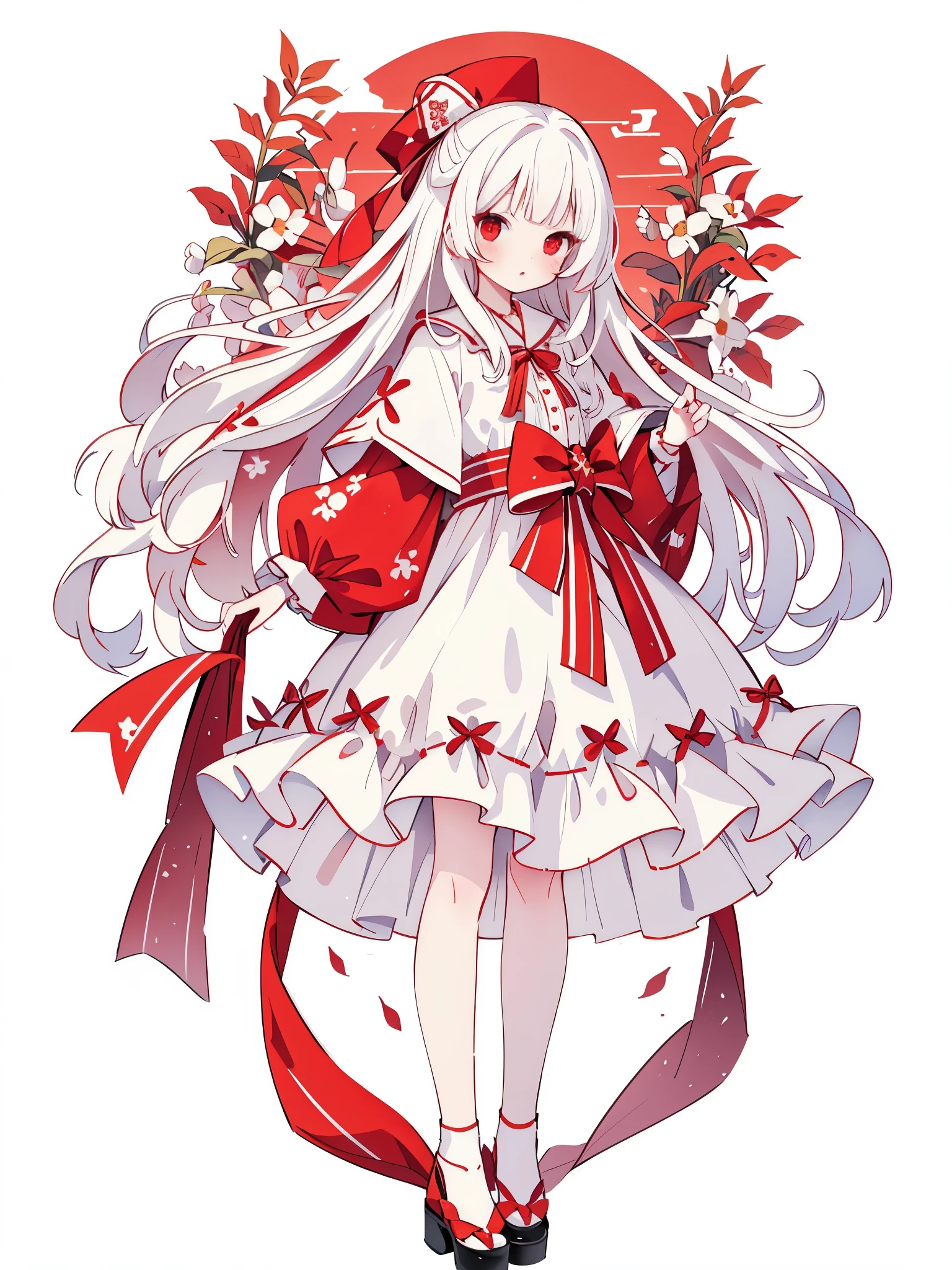 digital art, masterpiece, 最high quality, Super detailed, high quality, 4K, cute girl, beautiful girl, white clothes, red eyes, red ribbon, white hair, white skin, red flowers,