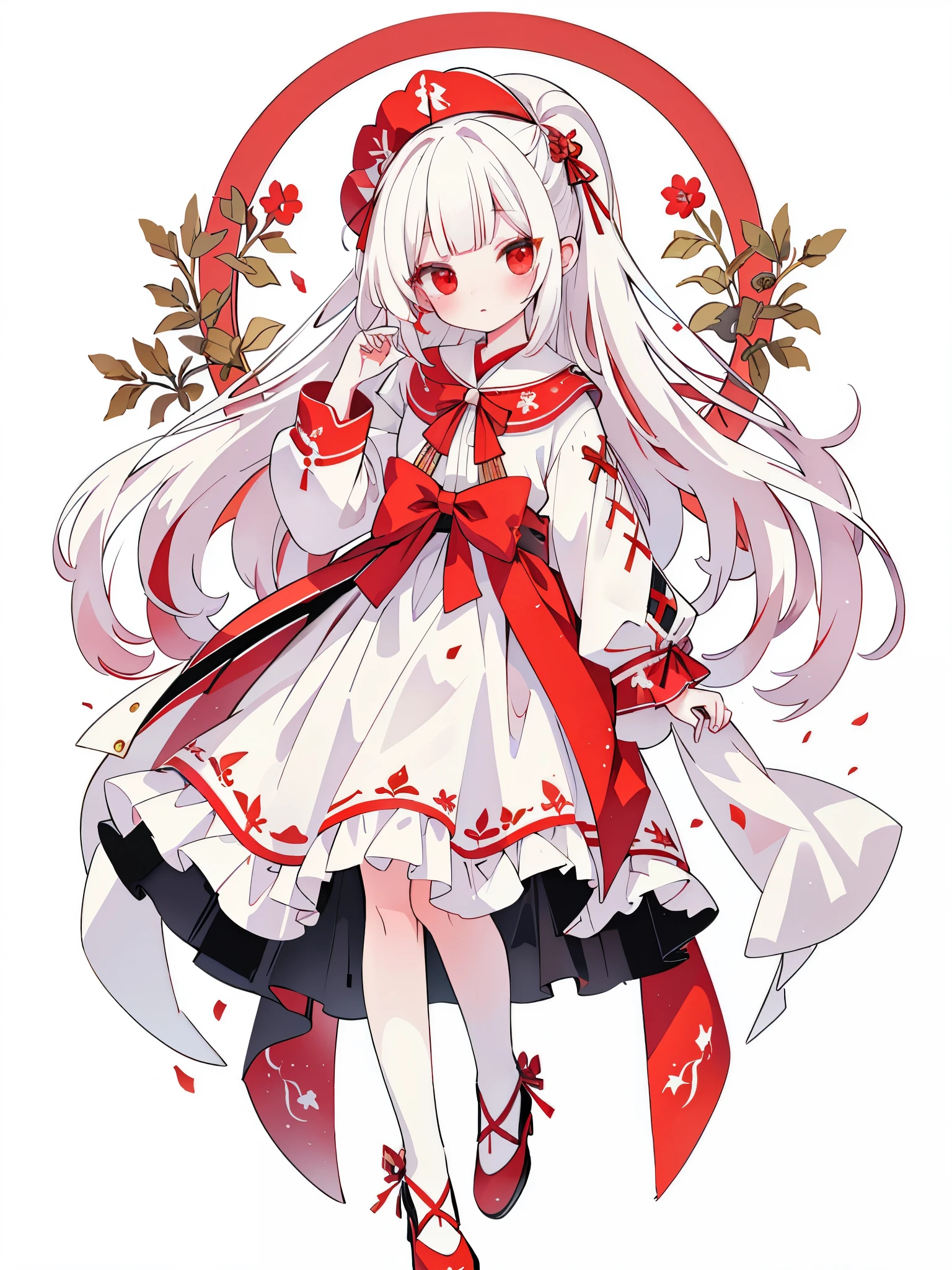 digital art, masterpiece, 最high quality, Super detailed, high quality, 4K, cute girl, beautiful girl, white clothes, red eyes, red ribbon, white hair, white skin, red flowers,
