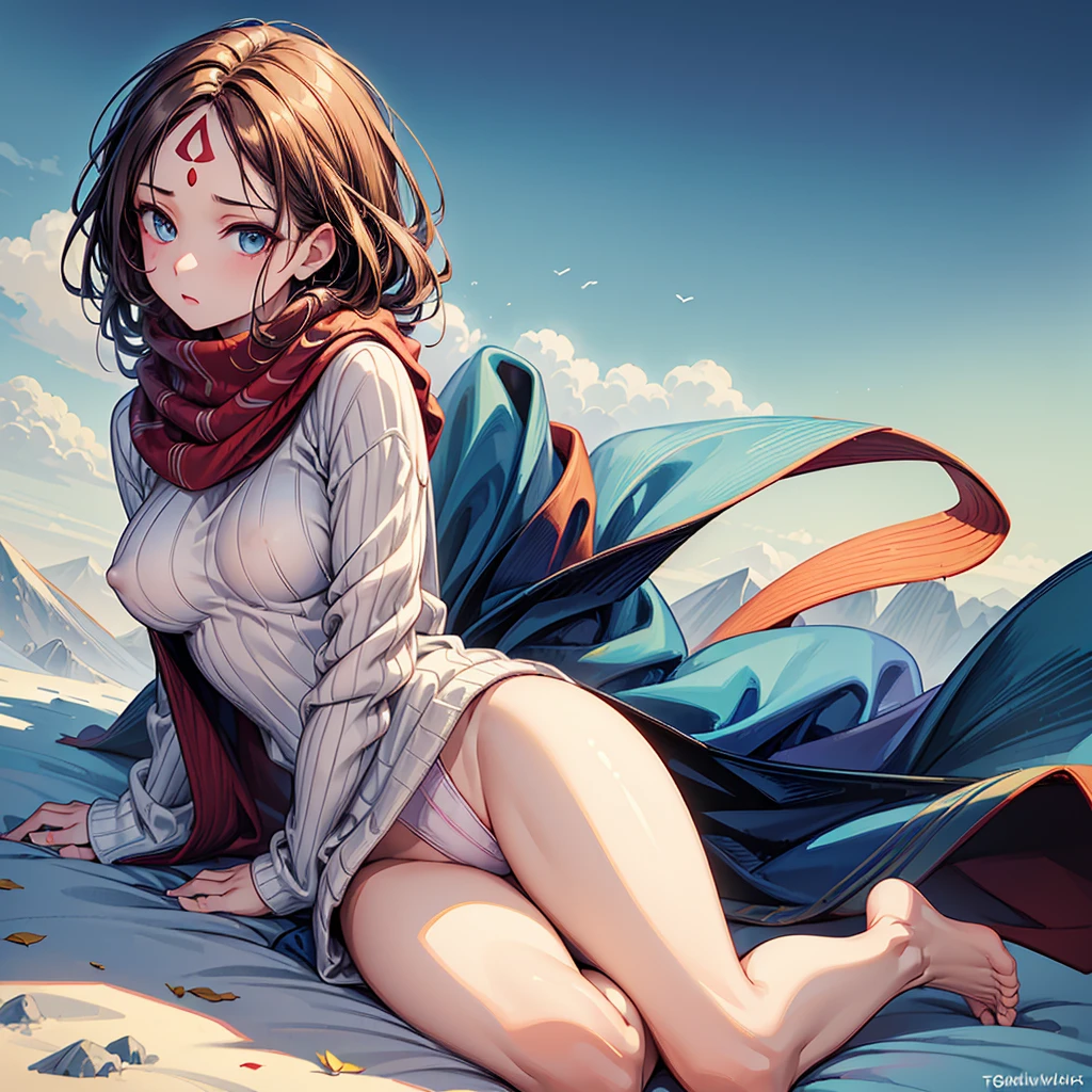 NSFW, (masterpiece:1.4), (high-quality, high-definition, high-resolution), Realistic style, full-body, (primary warm vivid color palette),a beautiful woman with cold, (cooling sheet on her forehead), wears warmBeautiful woman, woolen sweater and woolen scarf, no undergarments, (richly drawn and delicate)
