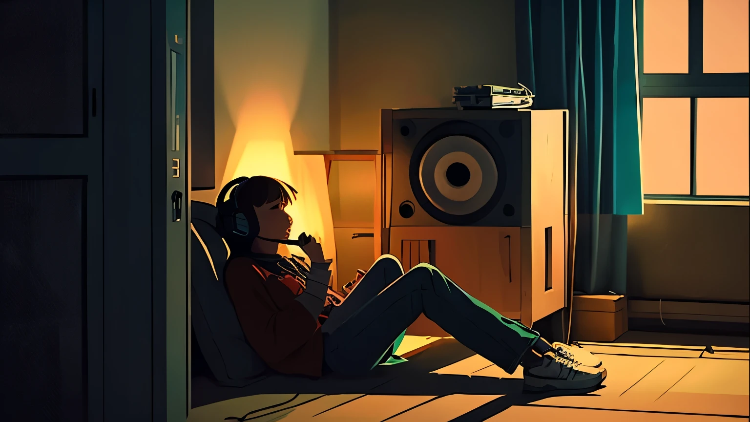 Girl listening to music in cozy room at night, Use headphones, 2D style anime, lo fi, HD, dark environment