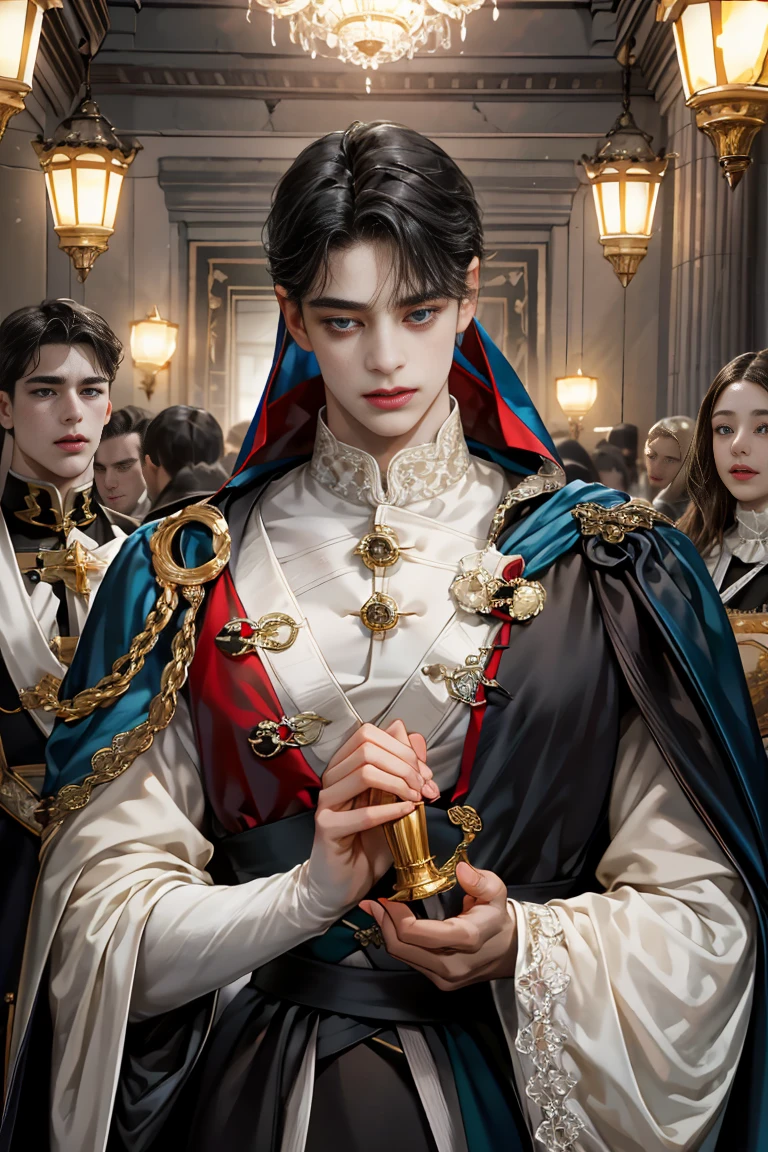 masterpiece, 最high quality, high quality, 1 boy, alone, male focus, looking at the viewer, Upper body, Winning spirit_destiny, dirty black hair, blue adorable eyes, white people, Noble, historic, Noble, Noble的な, Victorian、big red and black cloak, 20-year-old,beautiful boy