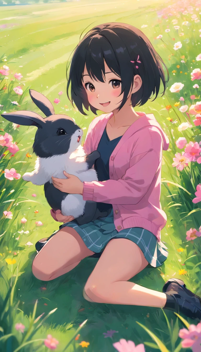 A 6 years old girl, short black hair, pink cardigans, black shoes, laughing, playing with the cute bunnies one bunnies at her lap, hand petting, on the grass fields and cute flowers