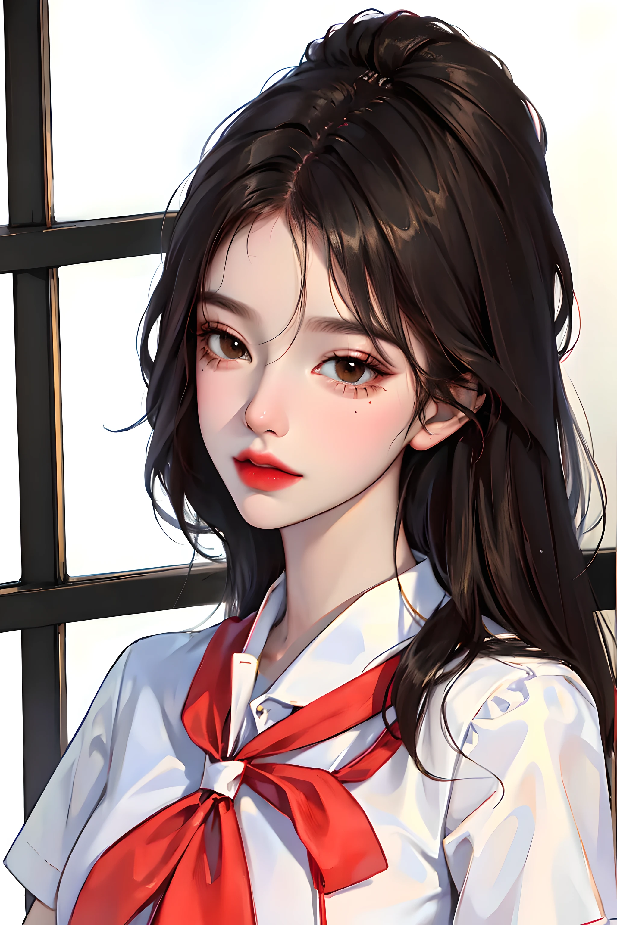 (highest resolution, distinct_image) The best quality, a woman, masterpiece, highly detailed, (semi-realistic), long black hair, long straight hair, black hair bangs, mature, cherry glossy lips, white background, close-up portrait, solid circle eyes, , beautiful face, fit body, brown eyes, wear Korean school uniform, high school student, wearing jewelry