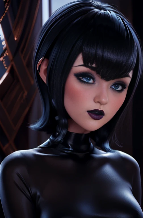 Stunning woman with a youthful and elegant appearance perfect detail short black hair with bob style bangs blue eyes pale skin gothic makeup voluminous lips thin and tender perverted nose huge tits and a wet pussy , Altas Resoluciones