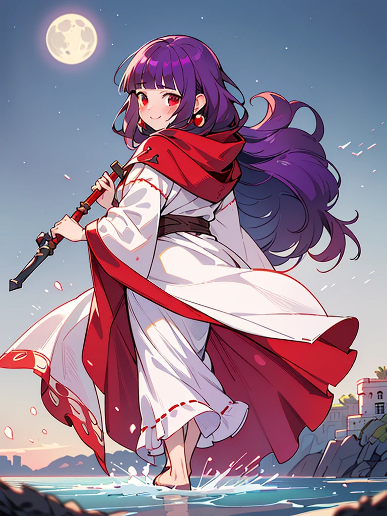 ((((DQ2 Princess Moonberg)))), ((1)), alone, , (((dark purple hair))), ((blunt bangs)), (fluffy long hair), (crimson eyes), ((((red hood)))), (Roto emblem on the hood), (((purple red stole))), Pearl Earrings, (((White robe with red edging))), ((Drooping eyes)), Holding a magic wand in his left hand,
((seaside)), Crescent Moon, Healing Magic, Ruined castle,
photo-realistic, sense of depth, Unorganized resolution, High resolution, 8K, 4K, detailed, highest quality, (RAW photo, highest quality, master:1.2), (realistic, Photoreal:1.37), ultra-detailedliert,
smile, look at the camera, blush all over the face, (walk), angle from behind, full body shot,