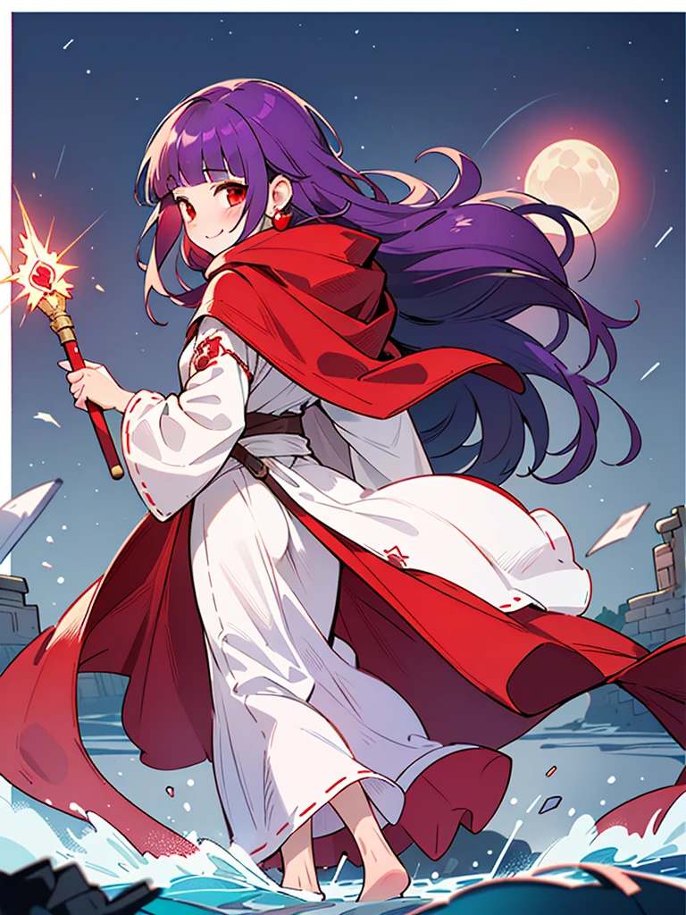 ((((DQ2 Princess Moonberg)))), ((1)), alone, , (((dark purple hair))), ((blunt bangs)), (fluffy long hair), (crimson eyes), ((((red hood)))), (Roto emblem on the hood), (((purple red stole))), Pearl Earrings, (((White robe with red edging))), ((Drooping eyes)), Holding a magic wand in his left hand, 

((seaside)), Crescent Moon, Healing Magic, Ruined castle, 
photo-realistic, sense of depth, Unorganized resolution, High resolution, 8K, 4K, detailed, highest quality, (RAW photo, highest quality, master:1.2), (realistic, Photoreal:1.37), ultra-detailedliert,
smile, look at the camera, blush all over the face, (walk), angle from behind, full body shot,