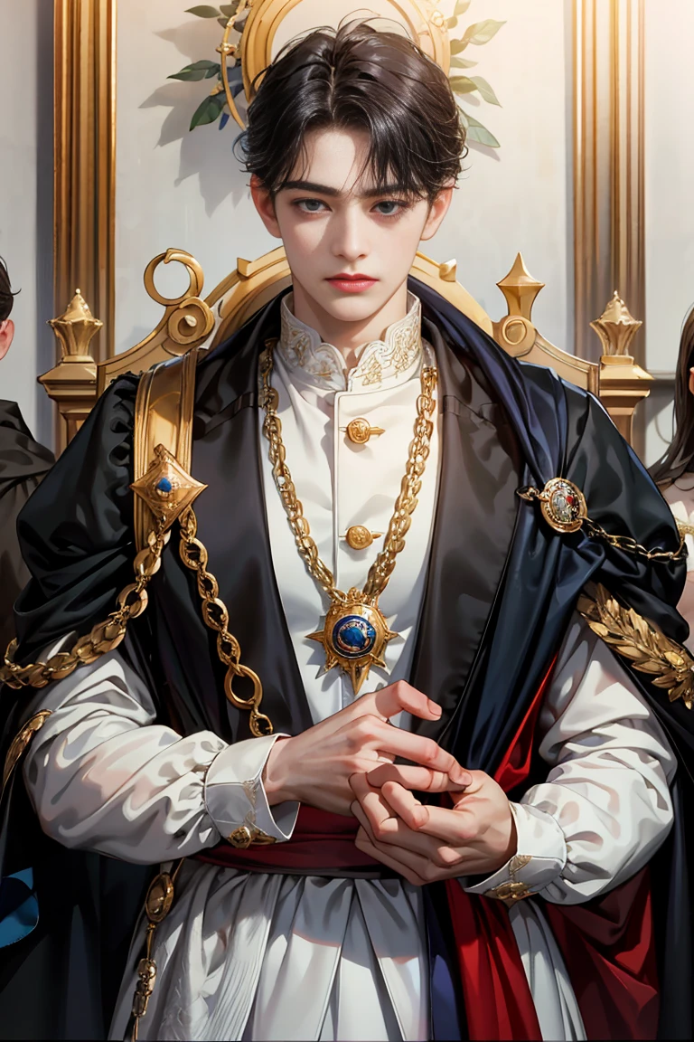 masterpiece, 最high quality, high quality, 1 boy, alone, male focus, looking at the viewer, Upper body, victory_destiny, messy black hair, blue adorable eyes, white people, Noble, historic, noble, noble的な, victorian、big red and black cloak, 18-year-old,beautiful boy