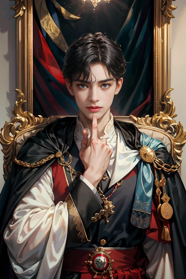 masterpiece, 最high quality, high quality, 1 boy, alone, male focus, looking at the viewer, Upper body, victory_destiny, messy black hair, blue adorable eyes, white people, Noble, historic, noble, noble的な, victorian、big red and black cloak, 18-year-old,beautiful boy