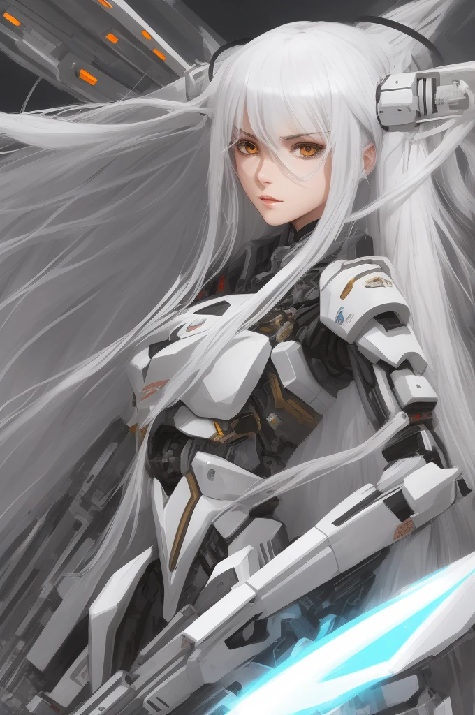 girl,Long white hair,in mecha style,Willow eyebrows,handheldweapons