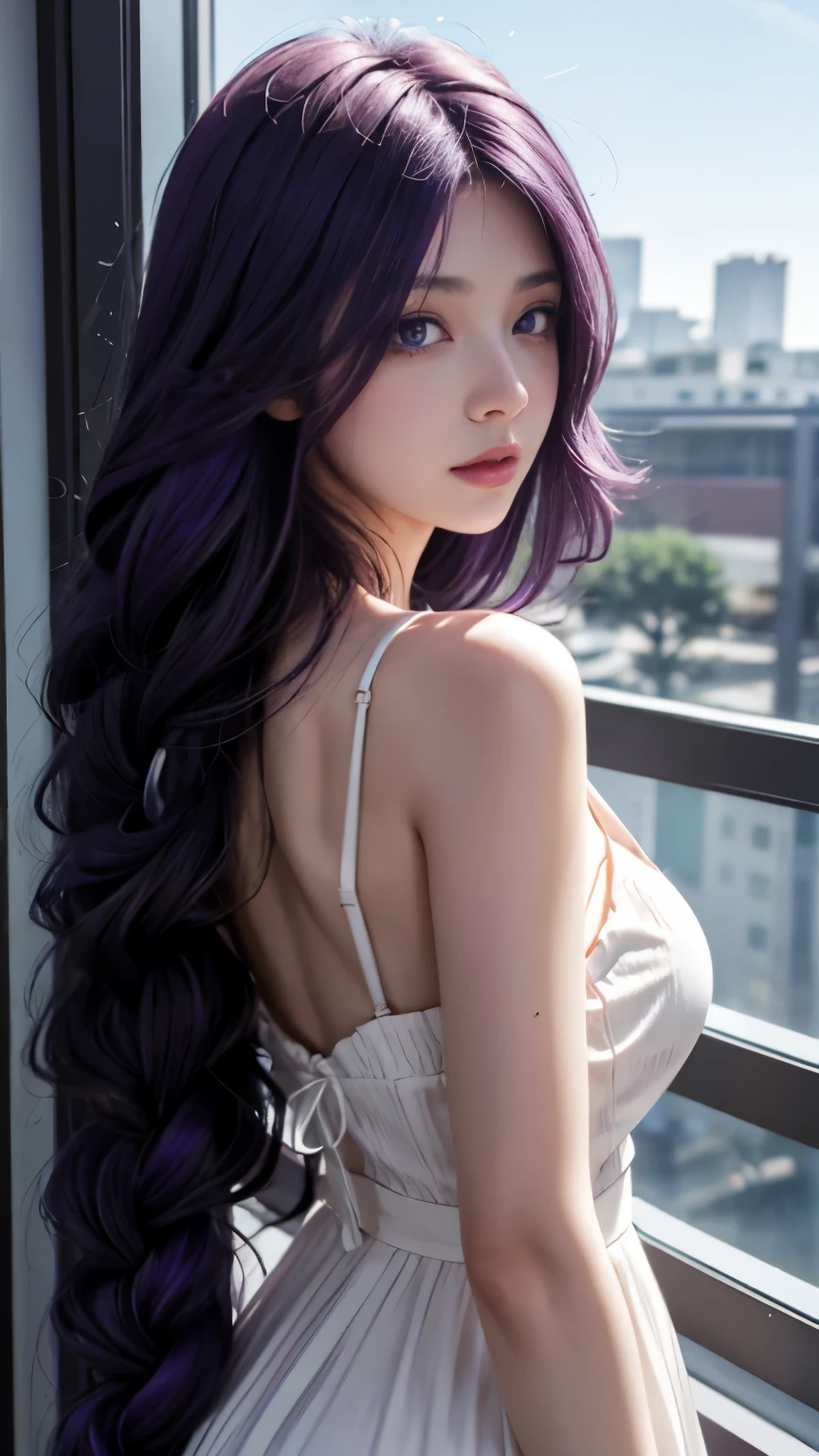 1 girl，Anime girl in white dress，view from behind，look back，purple hair，Purple hair big breasts，long hair，thick braid，Wear a purple headdress on one side of your hair，purple eyes，purple eyes，A grim expression，beautiful anime girl，Beautiful anime portrait，style of anime4 K，Anime art wallpaper 8k，anime art wallpaper 4k，anime art wallpaper 4k，Beautiful anime woman，Smooth anime CG art，Stunning anime face portraits，Anime wallpapers 4 k，anime wallpaper 4k，Detailed digital animation art，Clean and simple background