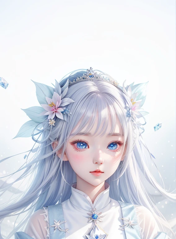 Wearing a white dress、Anime girl wearing blue flower on head, Crystal clear eyes, fair skin, , Pale young ghost girl, White-haired God, chibi, ((beautiful fantasy queen)), 8k!!, Cold eyes, Inspired Gacha Club Game, [ floating ]!!, winter princess, stylized anime, Dreamy and detailed