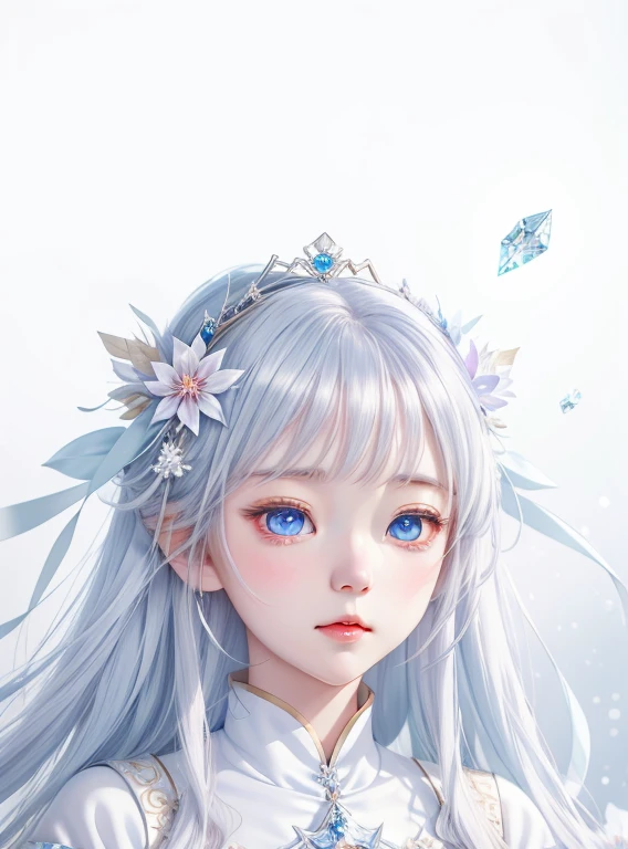 Wearing a white dress、Anime girl wearing blue flower on head, Crystal clear eyes, fair skin, , Pale young ghost girl, White-haired God, chibi, ((beautiful fantasy queen)), 8k!!, Cold eyes, Inspired Gacha Club Game, [ floating ]!!, winter princess, stylized anime, Dreamy and detailed