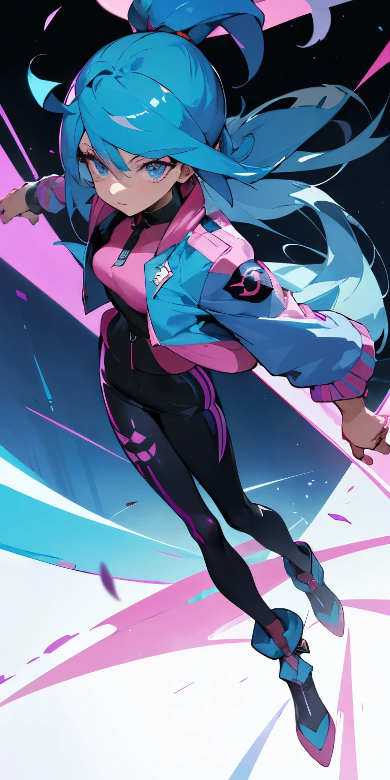 create a png of a FEMALE pokemon trainer character based on Pokémon, adult character Skylar, exuding confidence, showcases a sophisticated presence with her medium height and cybernetic blue, long hair. Violet eyes convey sharp intelligence. Adorned in a holographic jacket, smart fabric pants, and leather boots enhanced with metal plates, Skylar projects power and intrigue in Neon City's futuristic landscape.