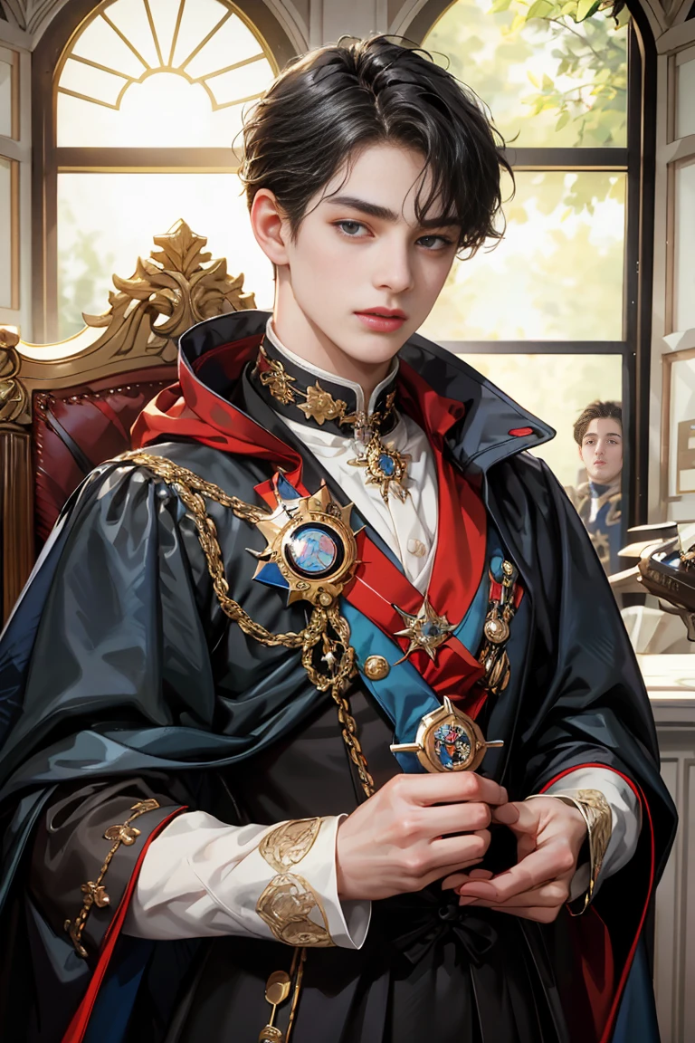 masterpiece, 最high quality, high quality, 1 boy, alone, male focus, looking at the viewer, Upper body, victory_destiny, messy black hair, blue adorable eyes, white people, Noble, historic, noble, noble的な, victorian、Large red and black cloak with collar, 18-year-old,beautiful boy