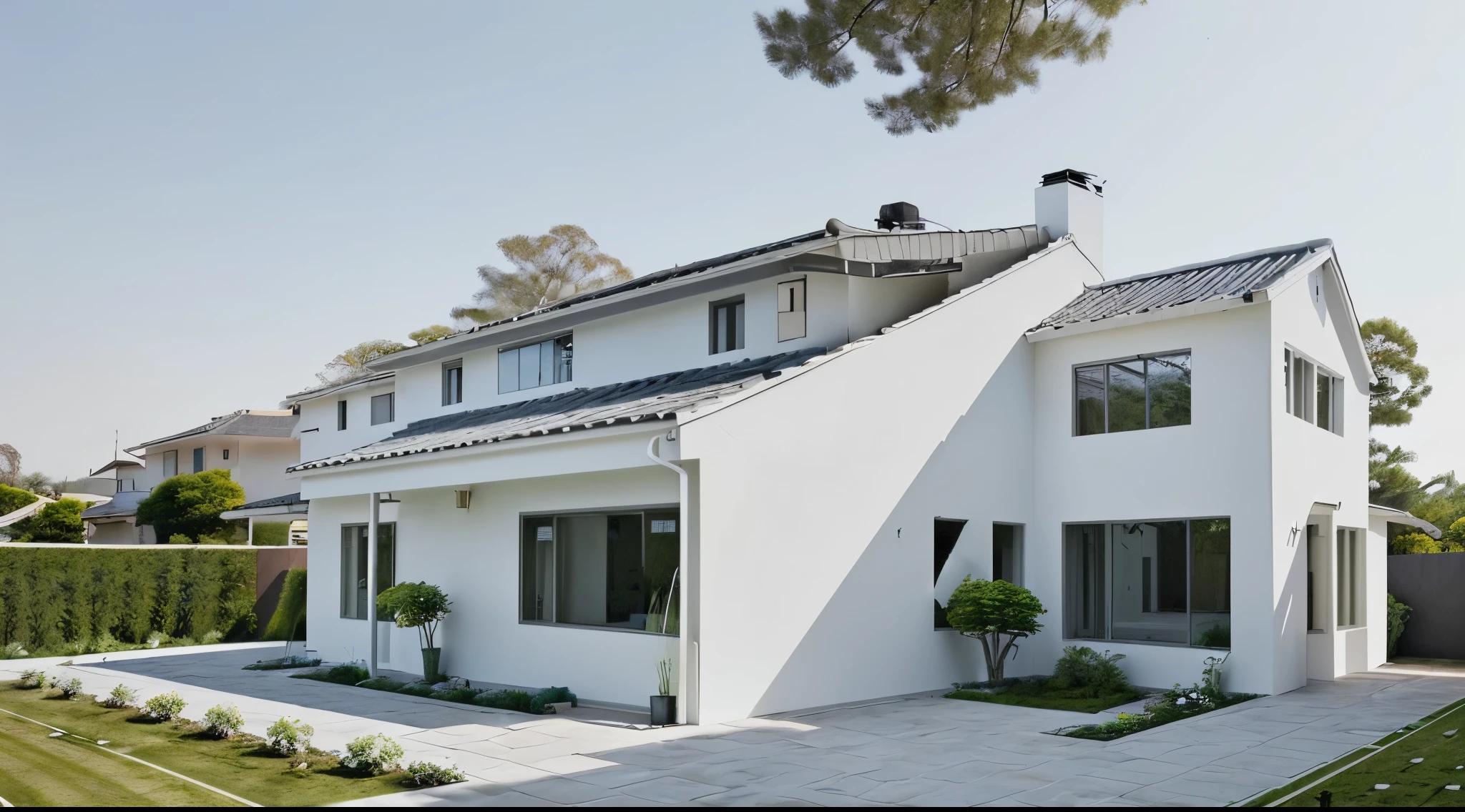 Repair the walls of the house so that the walls are full to the roof. The house is painted a simple white. Change the windows to large mirrors. Design the house to be modern. and in front of the house for Brother Chan and improve the area around the house into a flower and vegetable garden.