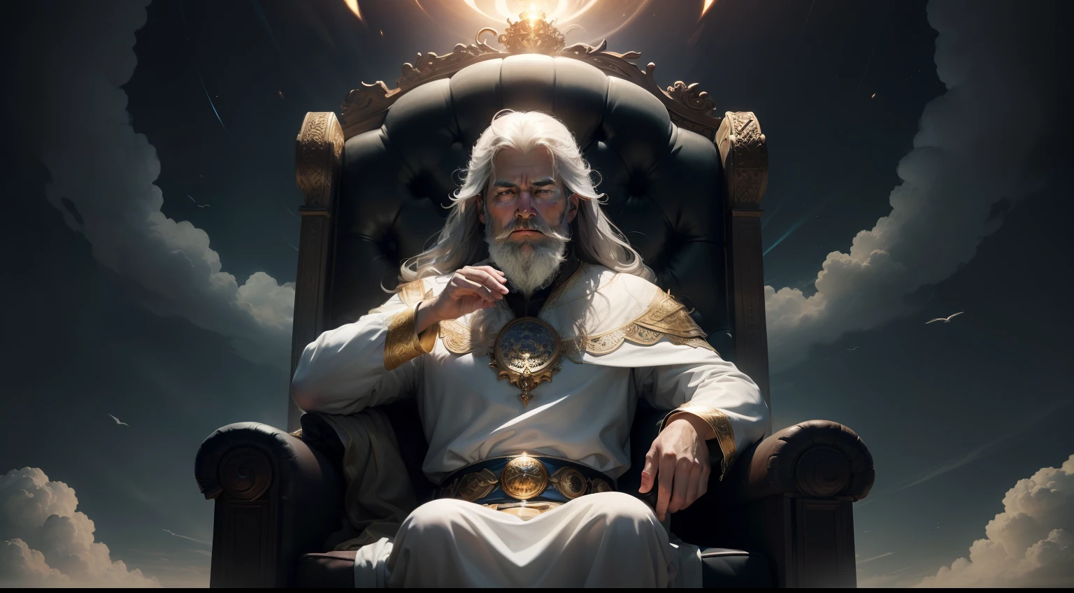 (masterpiece, best quality, surreal), God의 강력한 흐림 보좌, throne 위에 무지개,Floating on the clouds, throne, high resolution, holy man, majestic, strong, gray hair and beard, the warmth of white clothes, Blinding light, a calm aura, make the wind louder, God (embodiment of power:1.2), Glorious, surreal인,face obscured by light