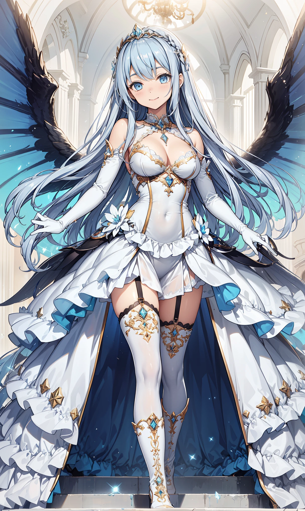sentinel of heaven,Elegant and charming,charm,in love,(Fantasy world transparent white dress),black gloves,silver hair,Smile,blue eyes,Design intricate clothes,Lots of composite armor,gem,Sculpture,Unusual decoration,Exquisite hair accessories,Transparent lace,Sky blue pattern,light stripes,dress nicely,indoor,night,Carved suspender boots,Super super details,holy mist,light particles,Exquisite and beautiful eyes and face