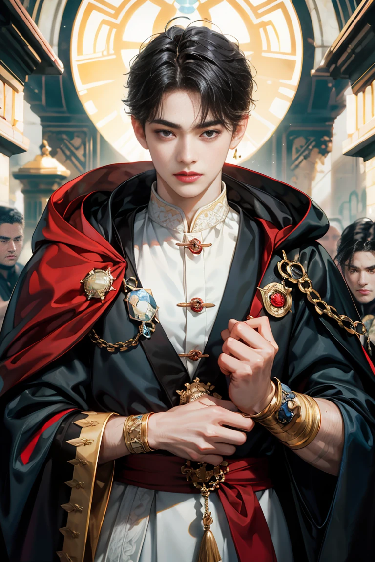 masterpiece, 最high quality, high quality, 1 boy, alone, male focus, looking at the viewer, Upper body, victory_destiny, messy black hair, blue adorable big eyes, white people, Noble, historic, noble, noble的な吸血鬼、Large red and black cloak with collar, 18-year-old,beautiful boy