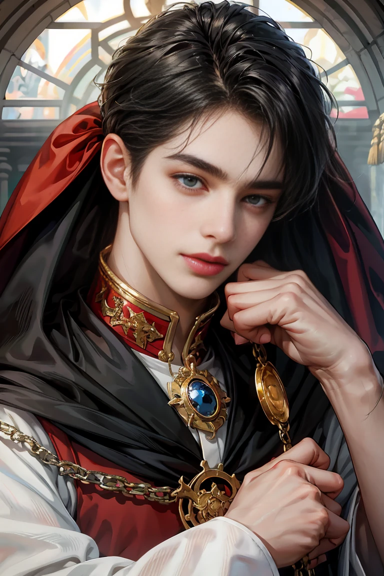 masterpiece, 最high quality, high quality, 1 boy, alone, male focus, looking at the viewer, Upper body, victory_destiny, messy black hair, blue adorable big eyes, white people, Noble, historic, noble, noble的な吸血鬼、Large red and black cloak with collar, 18-year-old,beautiful boy