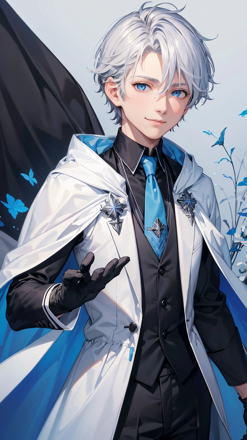 1boy,solo, male photo,look at viewer,confident smile, silver hair, ((short hair)), ((short sideburns)),light blue eyes, slant eyes,anatomically correct,blue ribbon tie,((black gloves)),((white cloak)),black suit,beautiful flowers on background,best quality, high quality,masterpiece, 8K 