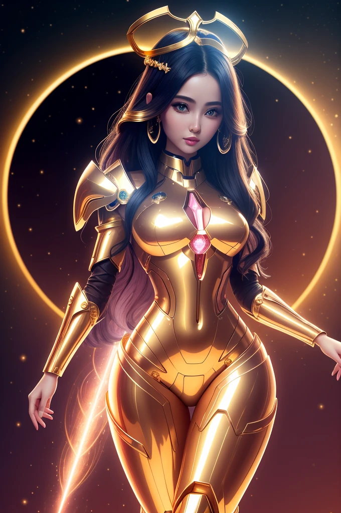 Surreal Beauty Chief, Gold armor，whole body, beauty，charming，sexy，Galaxy background highlights the halo in the background