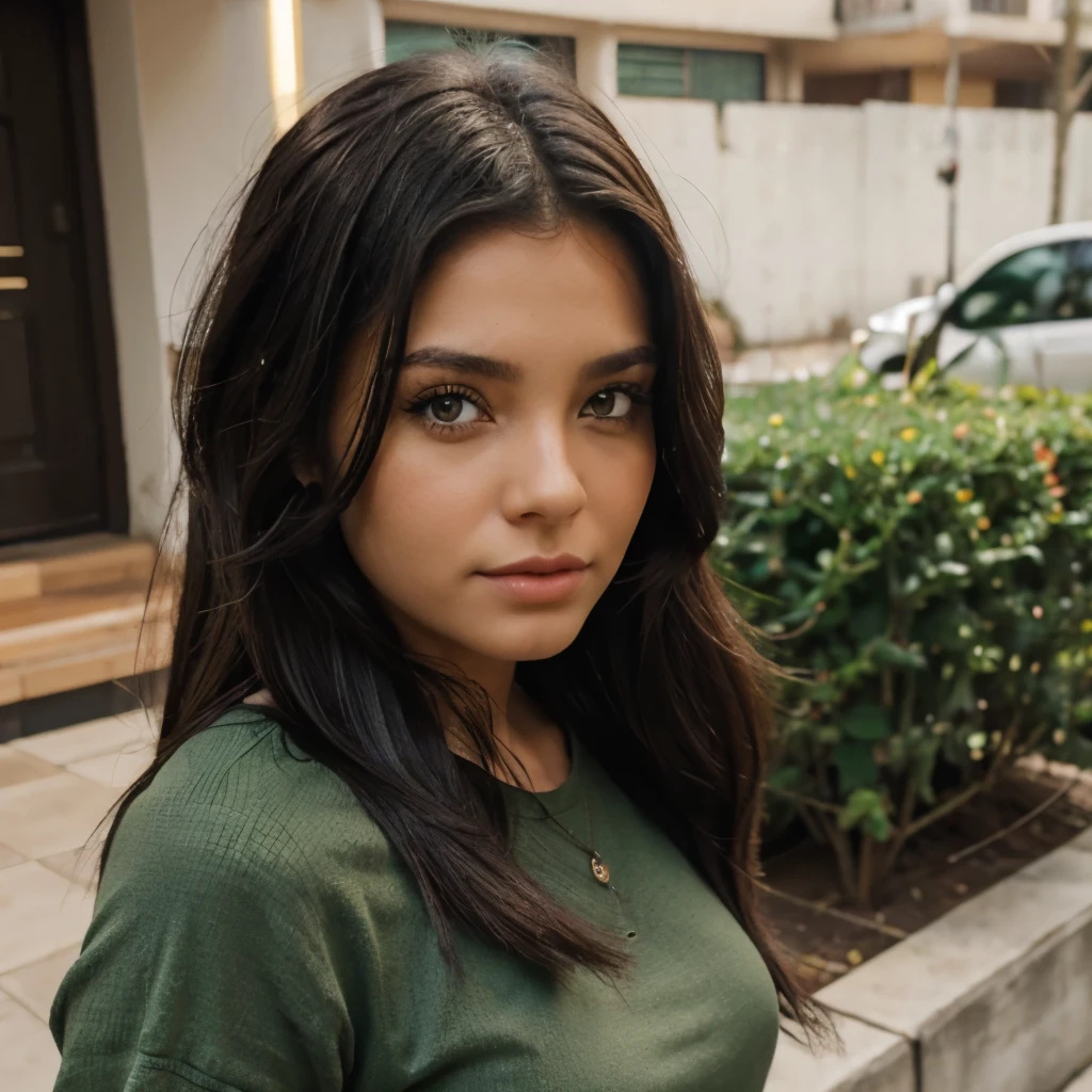 Genera una chica realista muy hermosa de cabello negro y unos hermosos ojos verdes