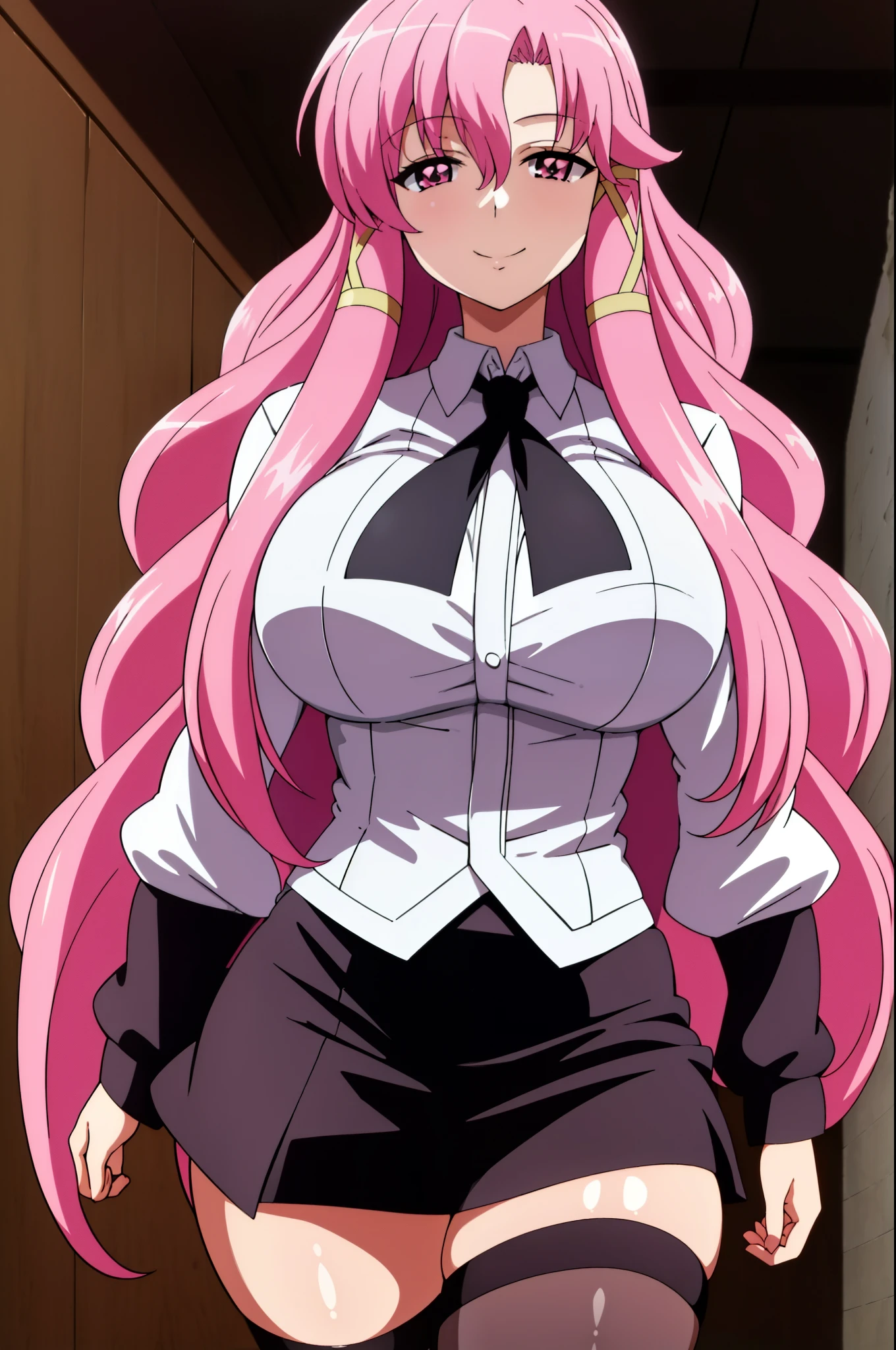 1 girl, pink hair, long hair, pink eyes, smile, sexy body, big breast, HDR, 8K, stand in the center of image looking at you, at work in the office, short black skirt, long black stockings, white shirt, black jacket, black tie