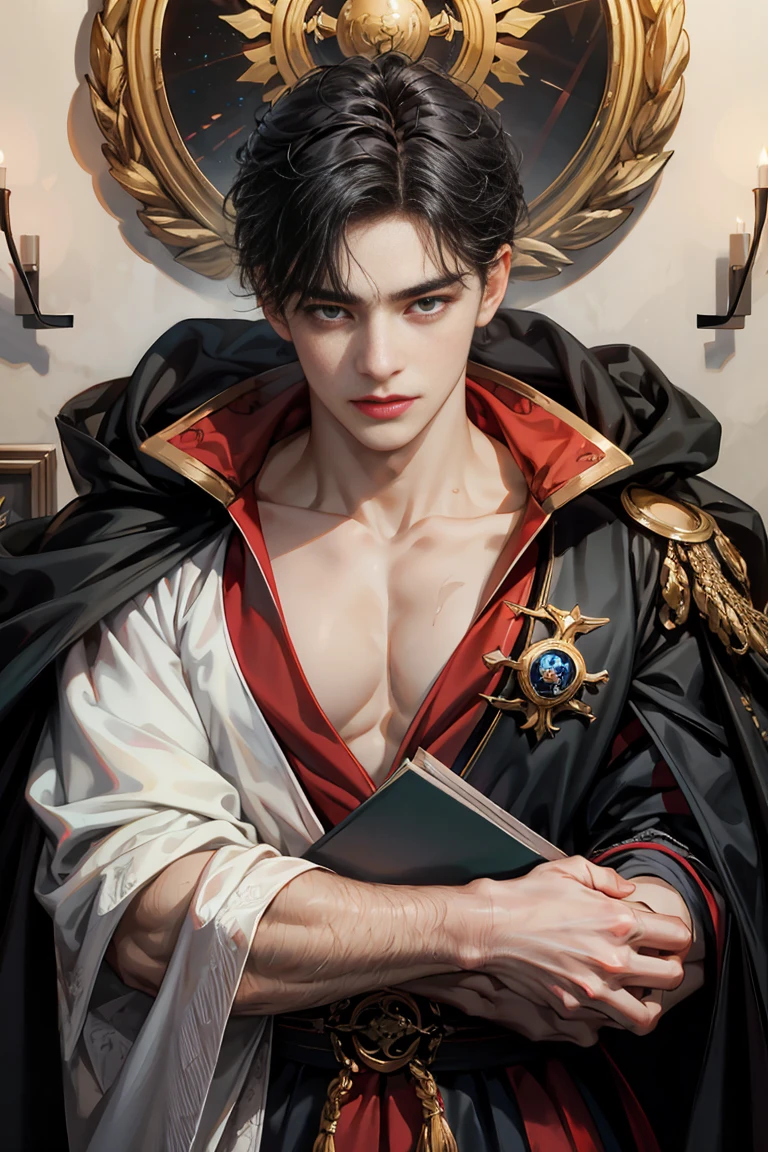 masterpiece, 最high quality, high quality, 1 boy, alone, male focus, looking at the viewer, Upper body, victory_destiny, messy black hair, blue adorable big eyes, white people, Noble, noble, noble的な吸血鬼、Large red and black cloak with collar, 18-year-old,beautiful boy