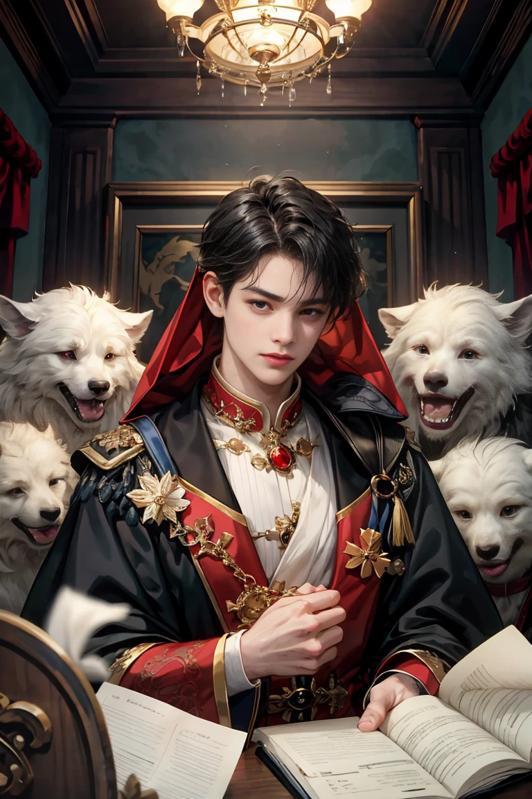 masterpiece, 最high quality, high quality, 1 boy, alone, male focus, looking at the viewer, Upper body, victory_destiny, messy black hair, blue adorable big eyes, white people, Noble, noble, noble的な吸血鬼、Large red and black cloak with collar, 18-year-old,beautiful boy