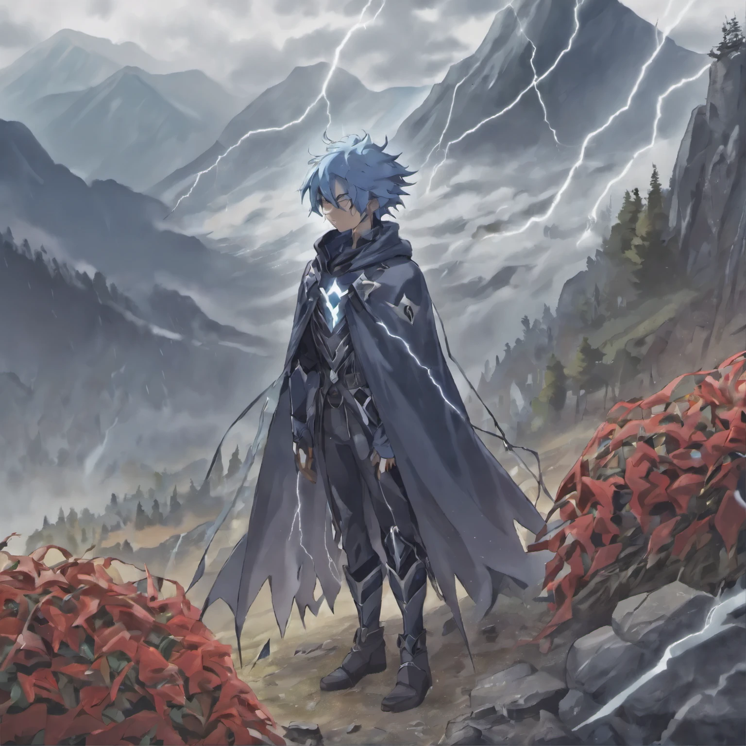 3 men, in words、Wearing a black robe in the middle，With a hood，Carrying a scythe on his back , (braid over shoulder:1.7), (There are faint tears under the bandage:1.8), (sun god on mountainside:1.7) ,(standing on a mountain :1.5),The second man knelt in tattered clothes and prayed, a mountain, blond hair, golden feather fabric, eye mask (in the corner there in an eye mask:1.9),(cloud:1.8), (thunder:1.9), (There are many corpses at the foot of the mountain:1.9),landscape , natural focus , scarlet flower , safflower ,(flower glow:1.4) ,  flower , snow , FOG , (actual FOG:1.4) , 多cloud的 , Gray , (gloomy:1.2) , abandoned countryside, actual, (Detailer:1.2) , (darkening agent:1.4)