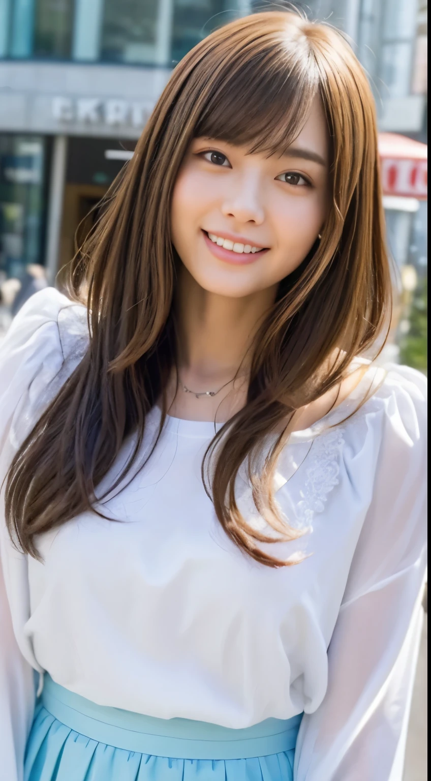 (8k、RAW Photography、top-quality、masuter piece:1.2)、ultra-detailliert、ultra res、(realisitic、rialistic photo:1.37)、portlate、high-definition RAW color photography、Professional Photography、highly detailed and beautiful、ighly detailed、8K wallpapers、amazing detailed、huge filesize、Official Art、Highly detailed CG Unity 8k wallpapers、highly detailed beautiful girl、extra detailed face、extremely detailed eye、highlydetailed skin、extremely detailed fingers、highly detailed nose、very detailed detailed mouth、Perfect Anatomy、highly detailed back ground、Highly detailed clothing、女の子 1 人、(18:1.2)、Teen、Cute s、famous Japan idol、cute little、Realistic body、小柄、de pele branca、glistning skin、Slim body、handsome body、brown haired、short curly hair、(Blunt bangs:1.2)、a smile、kawaii、zora々Right、kawaii faces、lifelike face、Delicat eyes、Sauce order、White shirt、skirt by the、耳环、Looking at the camera、cowboy shot、front facing、Standing、Contrapo, high street, 动态照明,