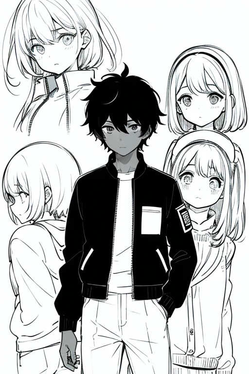 omori artstyle, dark skin, drawing, omori, middle part, bomber jacket, white background, boy, sketch