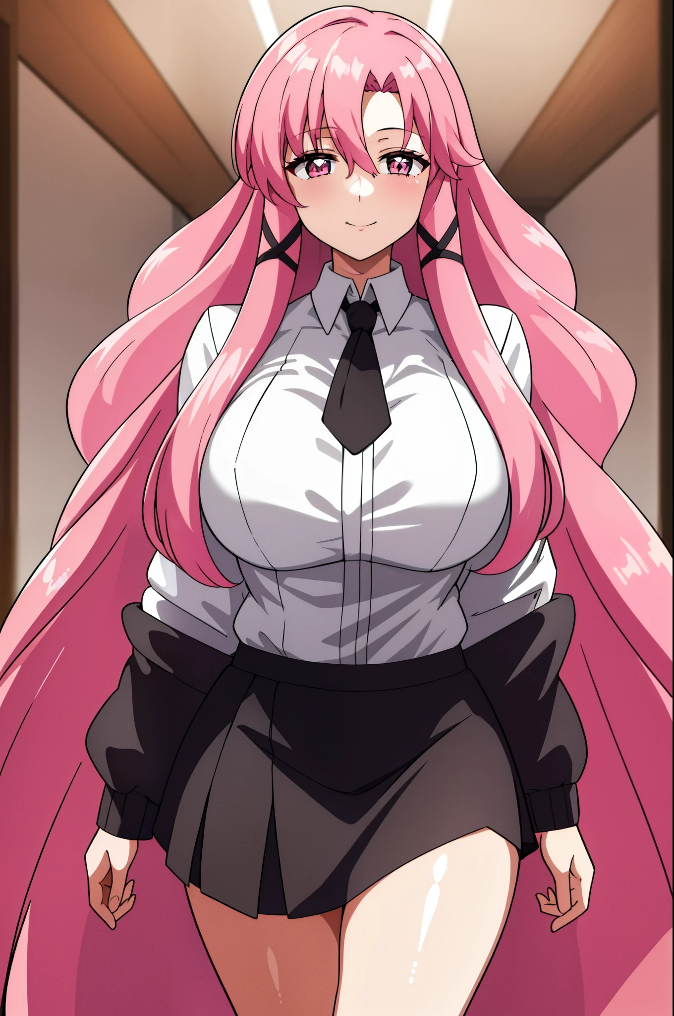 1 girl, pink hair, long hair, pink eyes, smile, sexy body, big breast, HDR, 8K, stand in the center of image looking at you, at work in the office, short black skirt, long black stockings, white shirt, black jacket, black tie