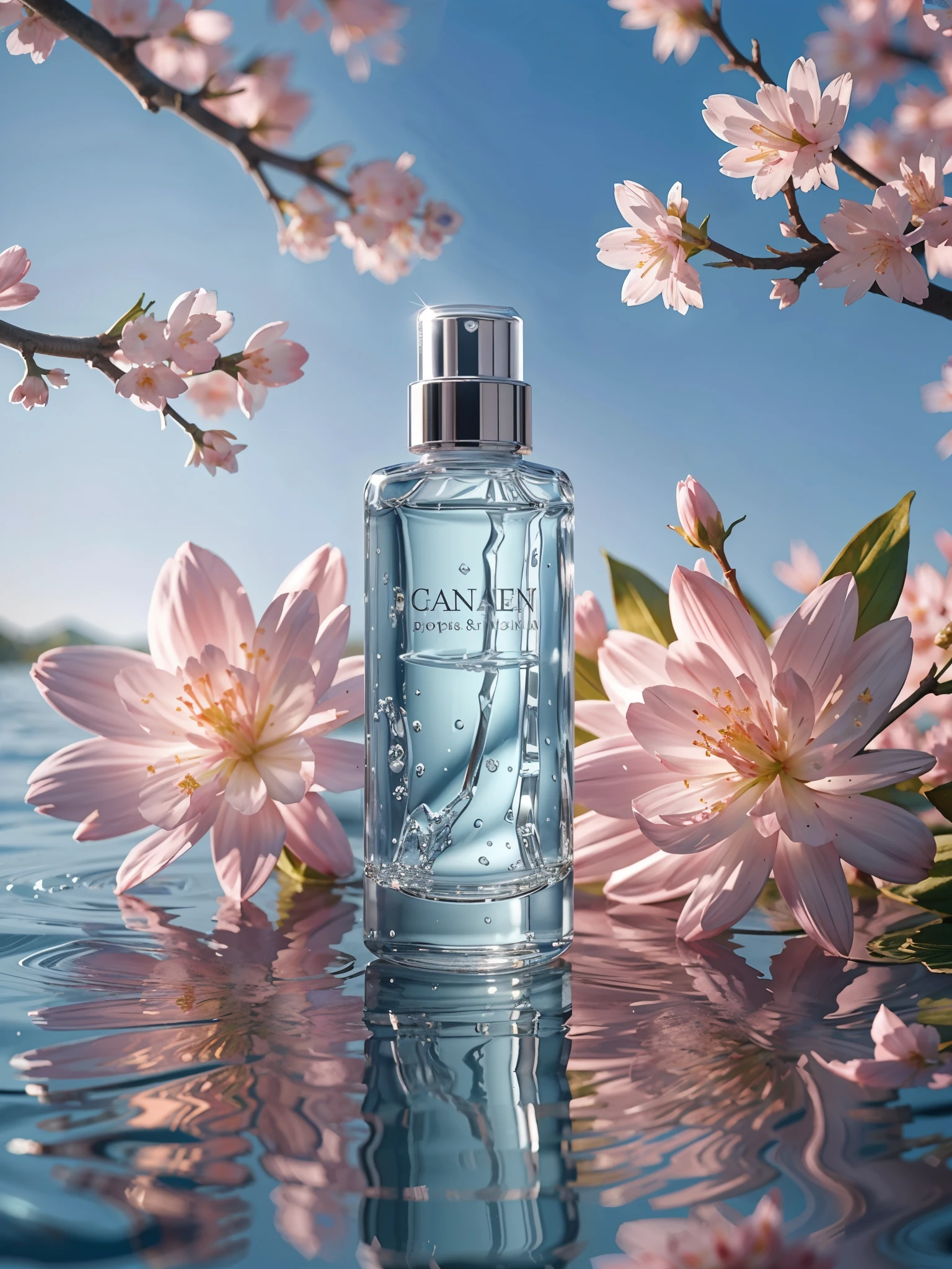 BEST QUALITY, 4K, 8K, HIGH RESOLUTION, MASTERPIECE, ULTRA-DETAILED, PHOTOREALISTIC, BLENDER, MAKEUP BOTTLE, CHERRY BLOSSOM WRAPPED AROUND, BLUE SKY BACKGROUND, WATER, SUNLIGHT, LOW PERSPECTIVE, PRODUCT RENDERING