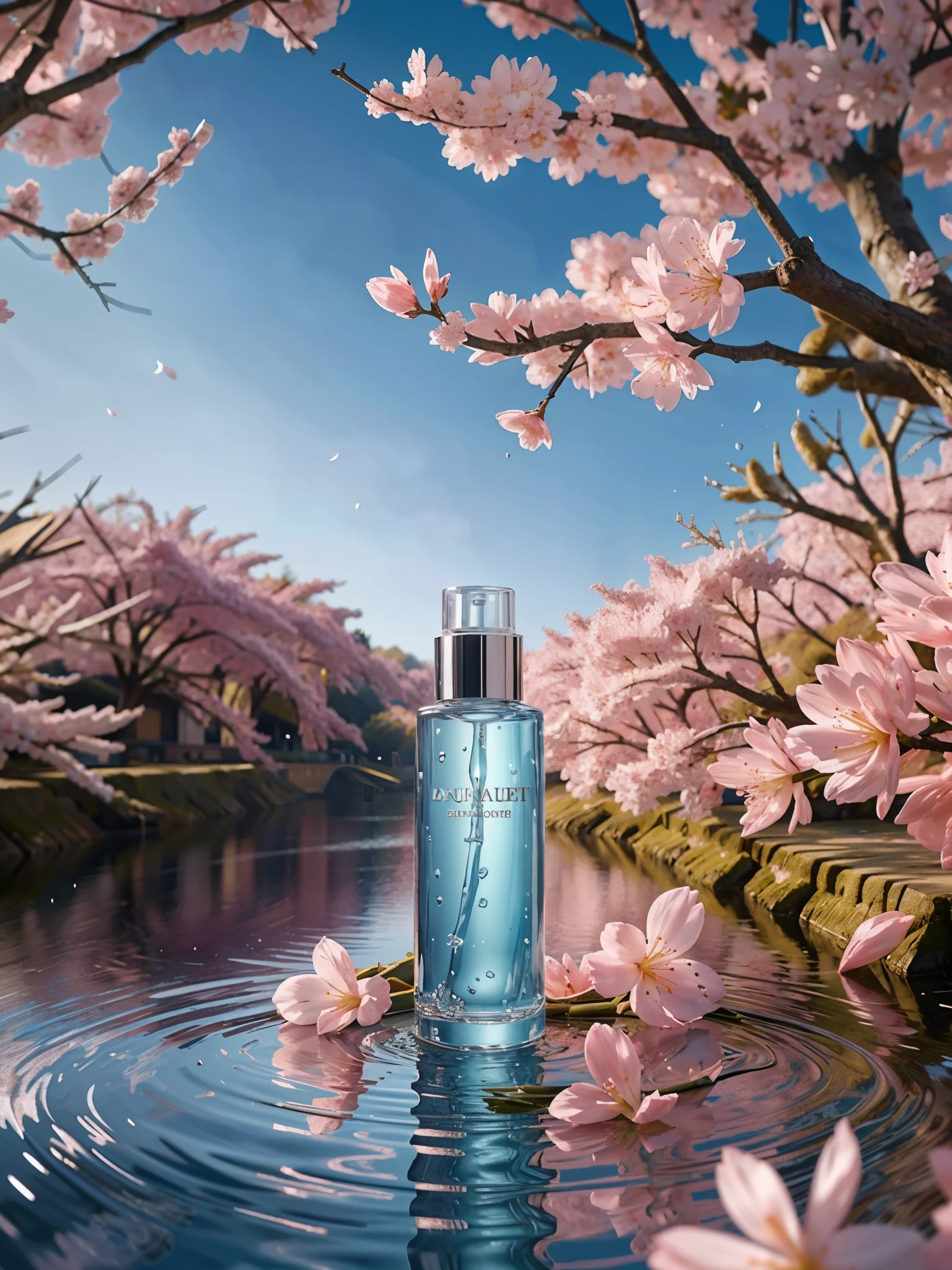 BEST QUALITY, 4K, 8K, HIGH RESOLUTION, MASTERPIECE, ULTRA-DETAILED, PHOTOREALISTIC, BLENDER, MAKEUP BOTTLE, CHERRY BLOSSOM WRAPPED AROUND, BLUE SKY BACKGROUND, WATER, SUNLIGHT, LOW PERSPECTIVE, PRODUCT RENDERING