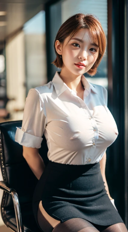 face is :9,1714884241], High-class elite secretary in a business shirt, Work in an office chair、Wearing a strict business suit, (Wearing pantyhose)、(Short Layer Hair)、crossed legs, Wear high-quality heels、 (thighhighs and skirt、huge tit), Girl in a shirt, Wearing a business suit, Wearing a business suit, in a business suit, businesswoman, business outfit, wearing black business suit, Wear shirts and skirts., Woman in business suit, business outfit, business outfit, Raw foto, (8K、top-quality、​masterpiece:1.2)、(delicate detail:1.4)、(Photorealsitic:1.4)、octan render、Complex 3D Rendering, ultra-detailliert, Studio Soft Light (Studio Soft Light) (Studio Soft Light (Studio Soft Light)), Rim Light, vibrant detail, super detailing, realistic skin textures, Detail Face, Beautiful detail eyes, Highly detailed CG Unity 16K wallpaper, Makeup-, (Detailed background:1.2), Exposed thighs!!!,